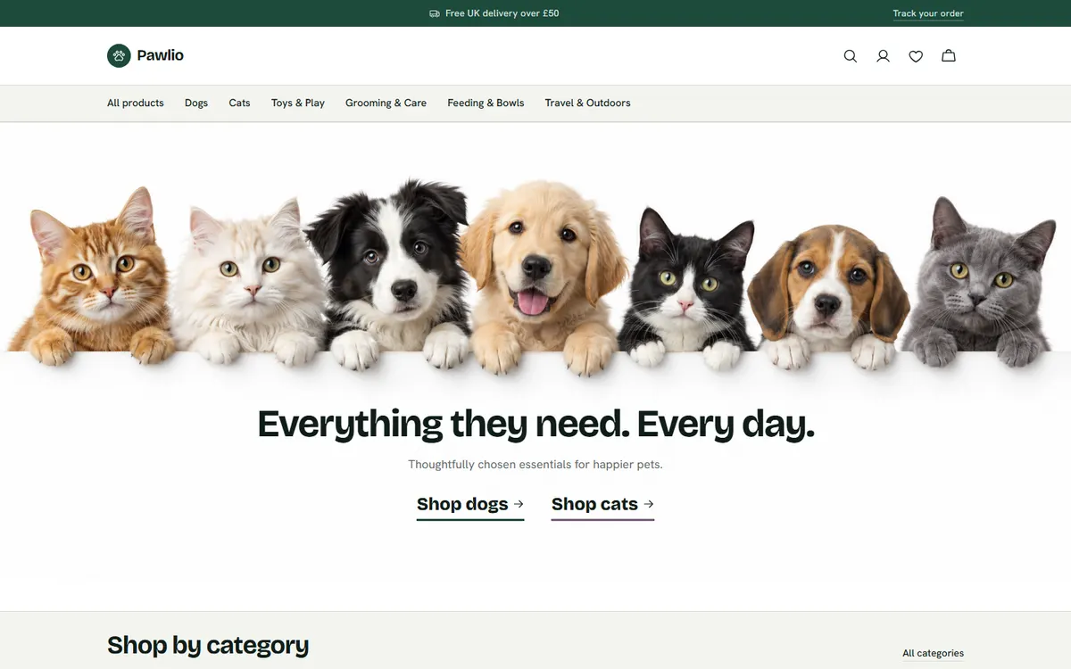 Pet supplies storefront homepage